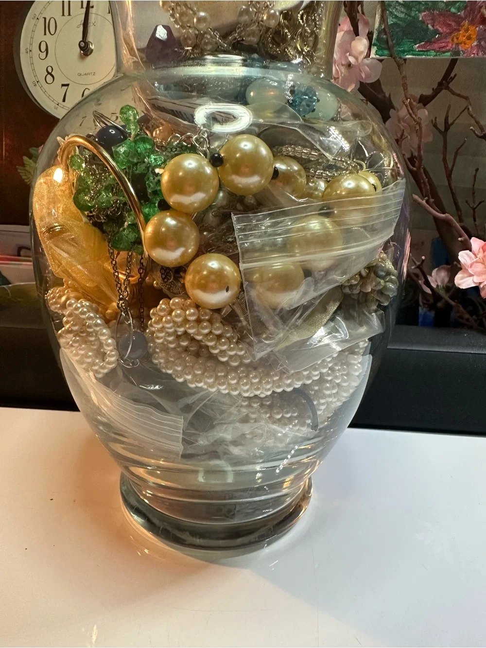 Glass Decorative Vase Filled with Gold and Pearl Accents - Unbranded